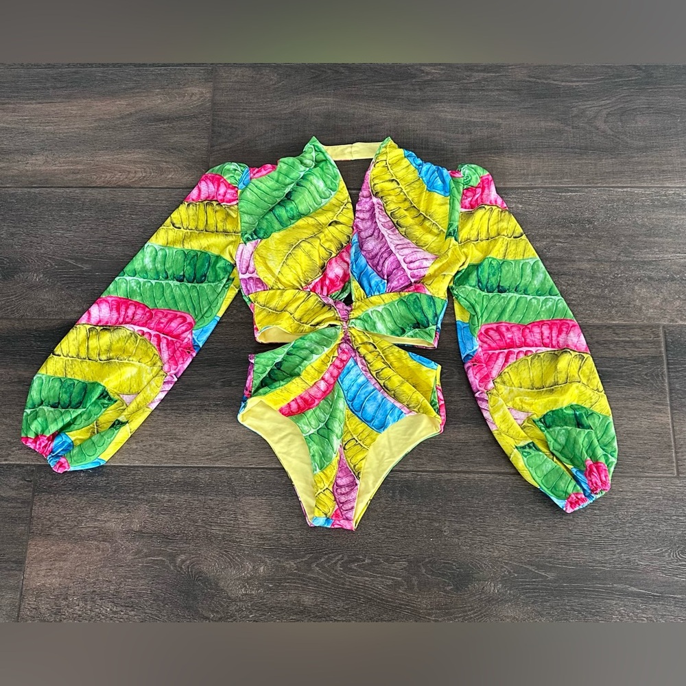 Sexy Tropical Leaves Sea Cycle Swim Long Sleeve Cut Out Swimsuit Sz S 4/6 - Picture 2 of 8